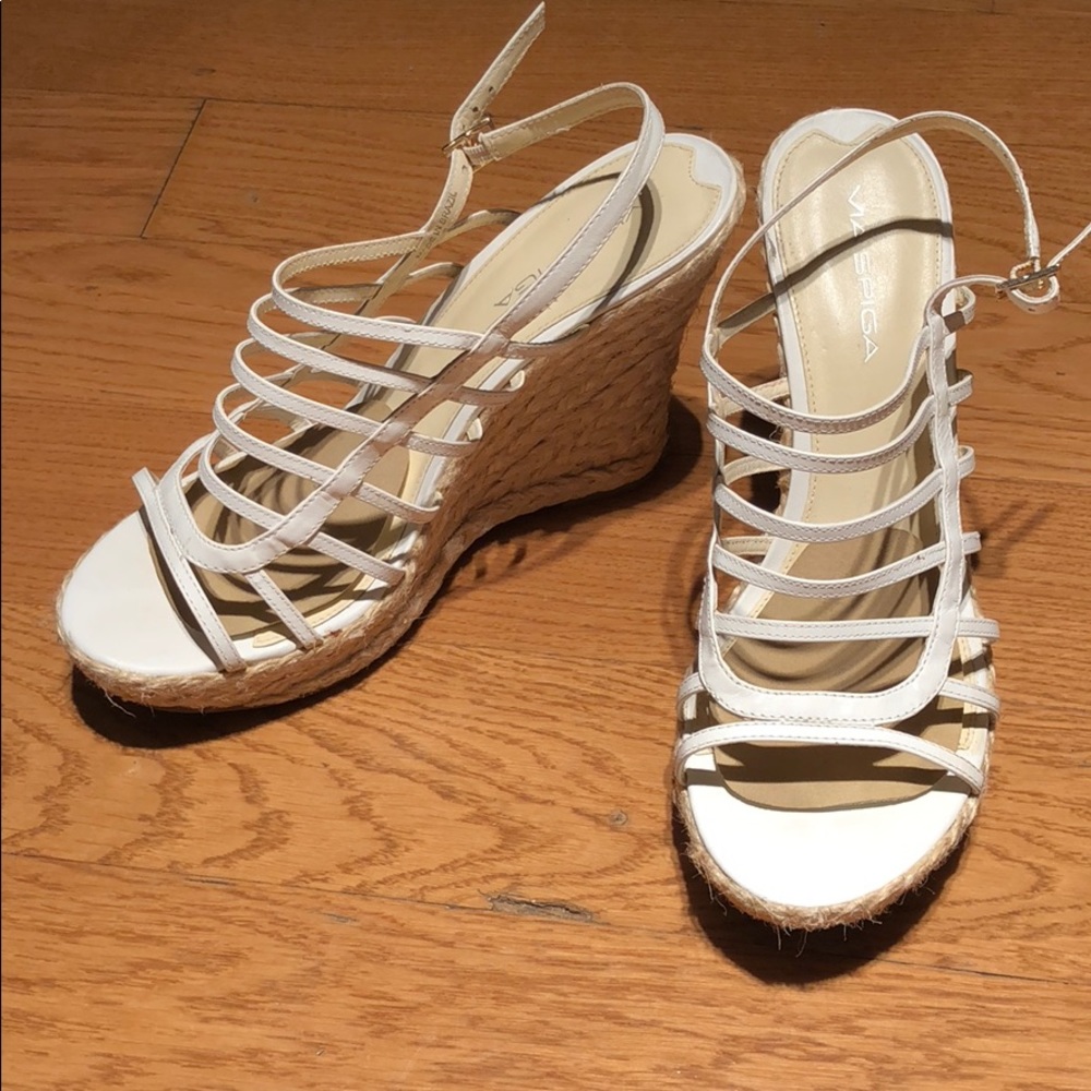Via Spiga White and Straw Wedge Sandals